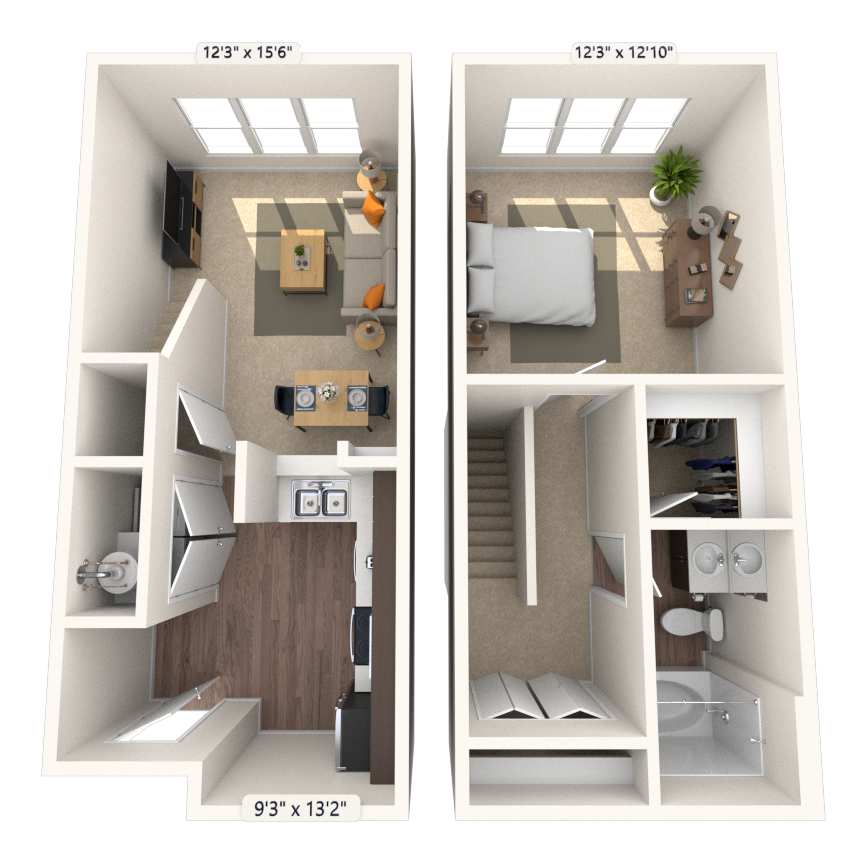 Floor plan for 1 bed, 1 bath, 1024 sqft
